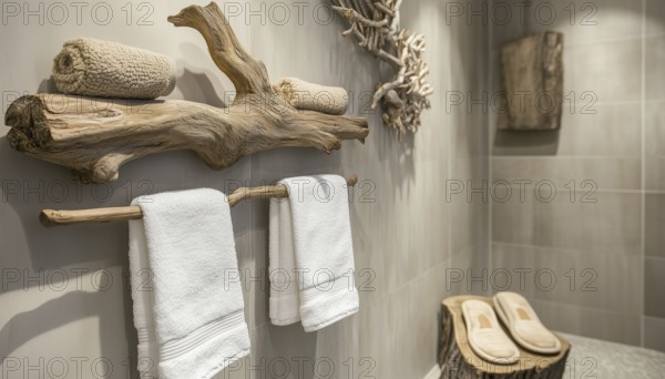 Modern Rustic Bathroom Decor: Hanging Towels And Driftwood Slipper On Natural Wood Hanger For A Chic And Relaxing Bath Space, AI generated