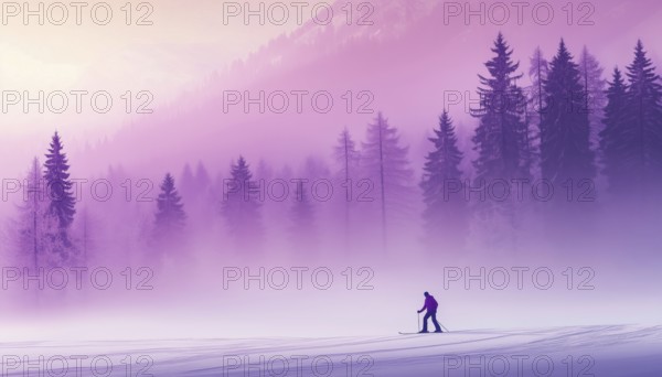 Cross-Country Skiing In Enchanting Misty Landscape: Mountains, Forest In The Violet Haze. Skier Glides Across Horizontal Nature Scene, AI generated