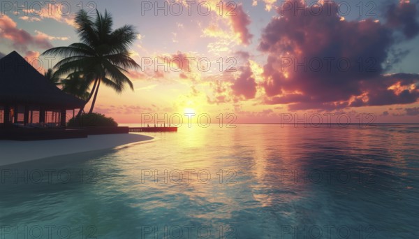 Sunny Sky And Crystal Clear Waters Of The Maldives, Perfect For Enjoying The Sun Over The Ocean In Paradise, AI generated