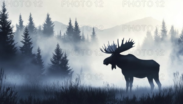 Majestic Moose Silhouette Standing In Meadow Forest - Magical Misty Landscape With Trees, Grass, And Fog In Blue And Gray - Unique Bookmark, AI generated