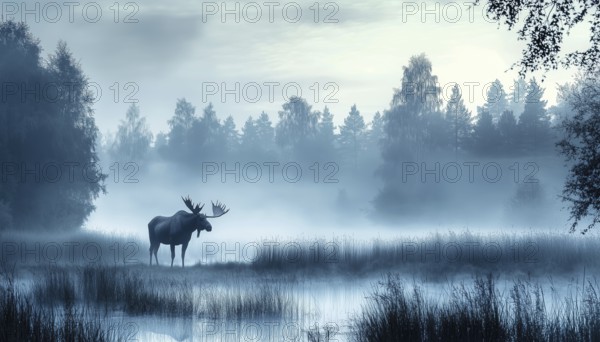 Majestic Moose In Meadow: A Serene Forest Scene With Misty Atmosphere And Blue Hues - Perfect For Bookmark, AI generated