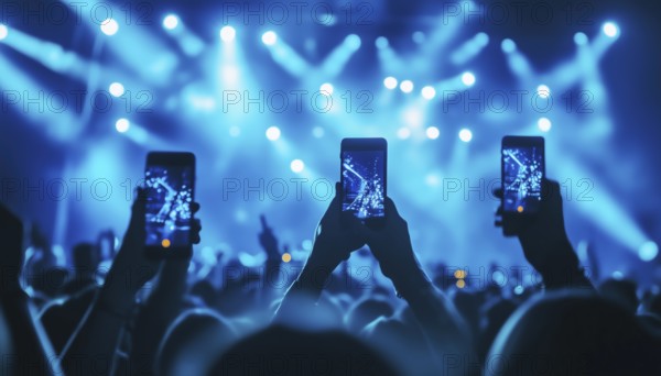 Music Fans Capture Concert Footage On Smartphones: Festival Crowd Snapping Photos On Nightclub Dance Floor Under Bright Blue Lights At Entertainment Event In The Club, AI generated
