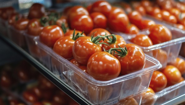 Purchase Fresh Tomatoes In Plastic Container Box: Juicy Red Ripe Tomatoes Displayed On Fridge Shelves In Supermarket. Natural, Healthy Ingredients For Cooking. Stored In Refrigerator At Mall, AI generated