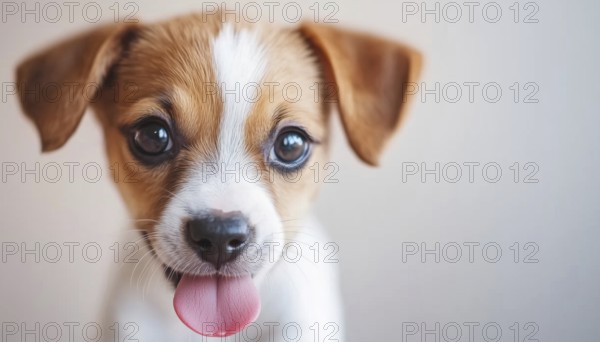 Adorable Jack Russell Puppy Enjoying A Meal With Pink Tongue Sticking Out - Perfect Household Companion For Kids And Families, AI generated