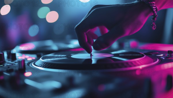 Dj Mixing Hip Hop Tracks On Vinyl Turntables In Nightclub With Blur Motion And Live Music Scene For Modern Dance, AI generated