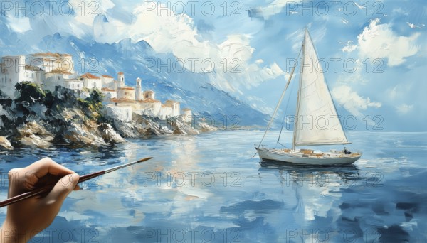 Sailboat In The Sea: Hand Painted Water Sketch Of A Mediterranean Seascape With A Sail Maker Crafting A Sail, AI generated