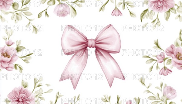 Floral Bouquet And Pink Ribbon Bow On White Background: Classic Elegance Flower Print For Fabric, Wallpaper, Or Wrapping Paper. Cute Coquette Pattern, AI generated