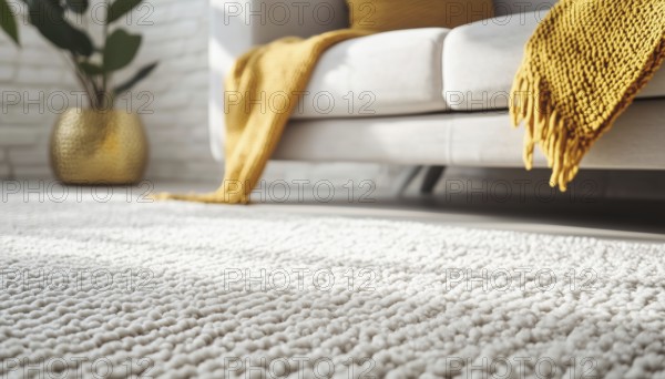 Close-Up Of Carpet And Modern Sofa With Gold Object, Pillow, Blanket, And White Brick Wall As Background. Detailed Interior Decor, AI generated