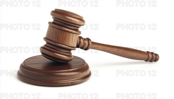 Wooden Auction Hammer With A Wooden Stand For Judicial Adjudication On A White Background. Symbolizing Law And Justice In Courtrooms, AI generated