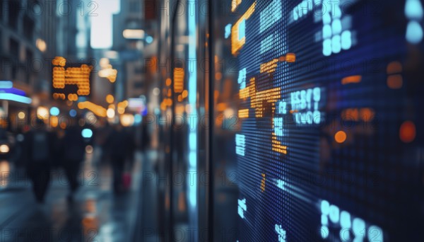 Urban Twilight: Digital Stock Market Display In A City Setting At Dusk Showing Real-Time Financial Data In A Visually Striking Way, AI generated