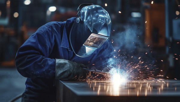 Skilled Welder Using Electric Torch To Weld Steel In Mask At Metal Factory. Expert Metal Worker With Burner Electrode, AI generated