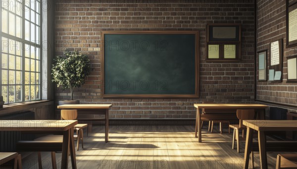 Empty Classroom: Wooden Furniture, Green Blackboard, And Brick Wall Rendering, Without Any Students Present. Classic Setting For Learning Environment, AI generated