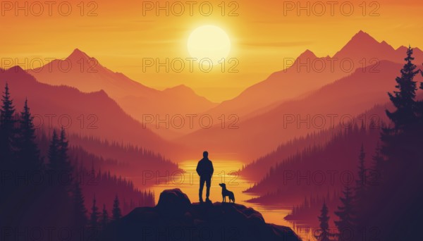 Solo Adventure: Hiking With Dog In Sun-Kissed Mountain Landscape, Enjoying Peaceful Beauty Of Forest, Rivers, And Sunlit Mountains, AI generated