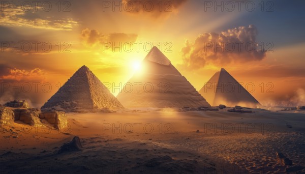 Ancient Egyptian Pharaohs Pyramids Complex: Illuminated By Sunlight On Giza Plateau- Famous Tourist Attractions In African Desert'S Historical Landscape, AI generated