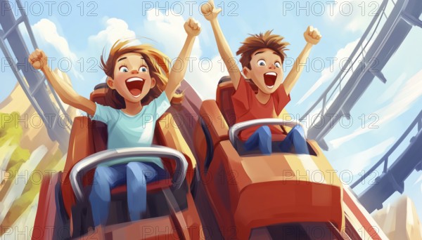 Children Enjoying Rollercoaster Rides. A Boy And A Girl Speeding Through Russian Mountains Amusement Park, Displaying A Mixture Of Excitement, Happiness, And Fear, AI generated