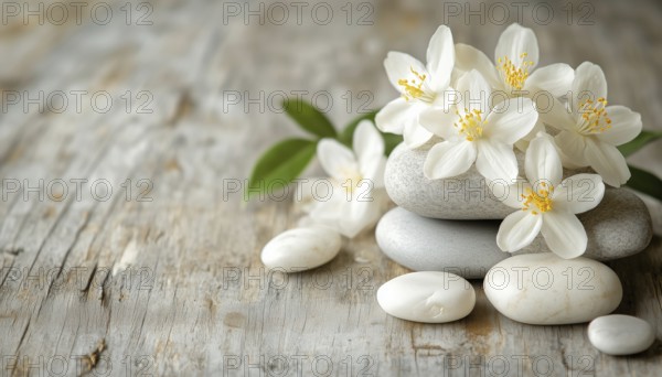 Jasmin Flower And Spa Stones Arranged On A Wooden Table At A Spa Setting. Luxurious And Relaxing Wellness Experience. Peaceful Atmosphere, AI generated