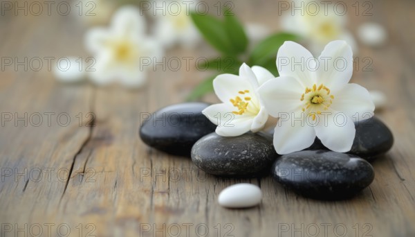 Jasmin Flower And Spa Stones On Wooden Table In A Relaxing Spa Setting. Enhance Your Self-Care Routine With This Peaceful Scene, AI generated