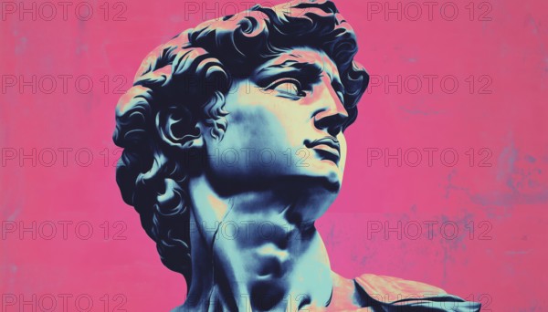 Contemporary Art Collage: Michelangelo'S David Bust Vaporwave Poster In Duotone, Featuring Aesthetic Ful Illustration. A Unique And Modern Interpretation, AI generated