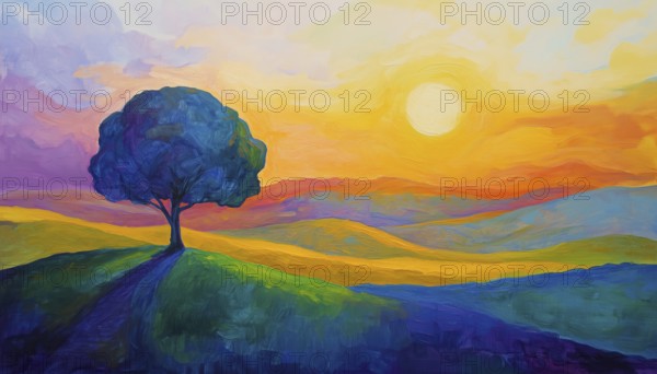 Semi-Abstract Landscape Oil Painting With Yellow And Purple Sky On Canvas Featuring Trees, Hills, And Fields. Sunlit Nature Scene, AI generated