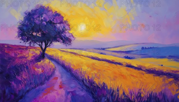 Vibrant Yellow And Purple Sky: Abstract Oil Painting Of Tree, Hill, And Meadow On Canvas With Sun In A Nature Landscape, AI generated