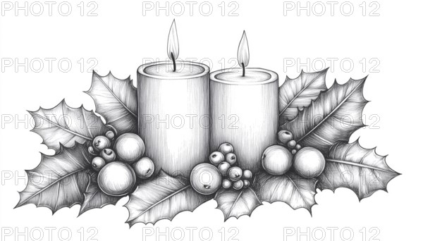 Freehand Pen And Ink Sketch Of Graphic Candles, Holly Berries, And Leaves. Capture The Festive Spirit With This Detailed Drawing, AI generated