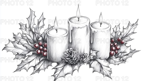 Freehand Pen And Ink Sketch Of Graphic Candles, Holly Berries, And Leaves - Intricate Illustration With Detailed Line Work, AI generated