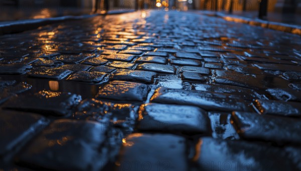 Bottom View Of Wet Cobblestones On A Street Or Road Surface At Night Following Rainfall. Stunning And Reflective Scene. Beauty In Simplicity, AI generated