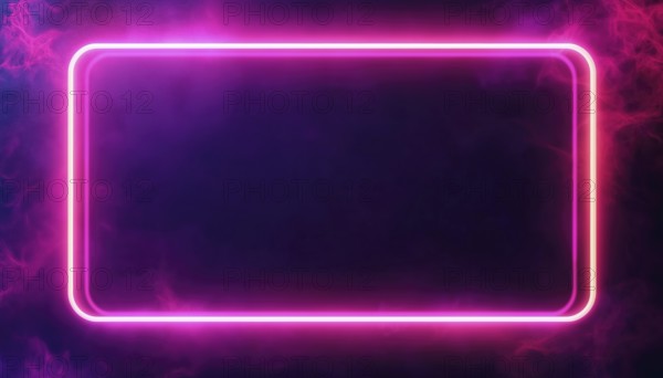 Shimmering Neon Double Rounded Rectangular Frame On Deep Purple Background. Radiant Techno Backdrop With Empty Glow, AI generated