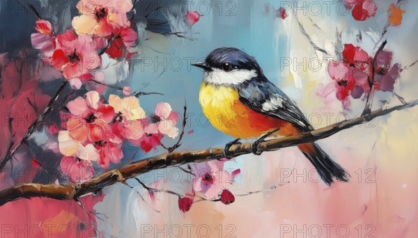 Modern Art Painting Of Bird And Spring Flower In Abstract Full Oil And Acrylic On Canvas. Animal And Floral Elements In Oil Painting, AI generated