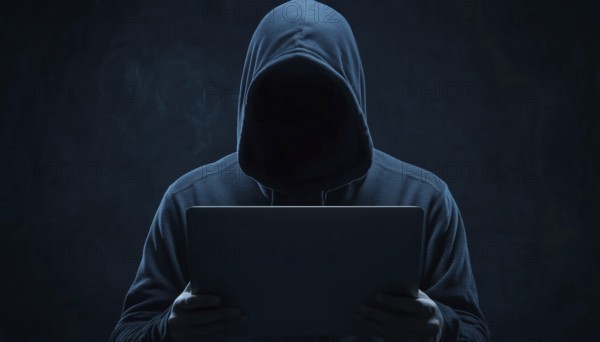 Dangerous Hooded Hacker Unleashing Internet, Cyber Crime, And Malware. Anonymous Figure Breaking Systems With Laptop In Dark, AI generated