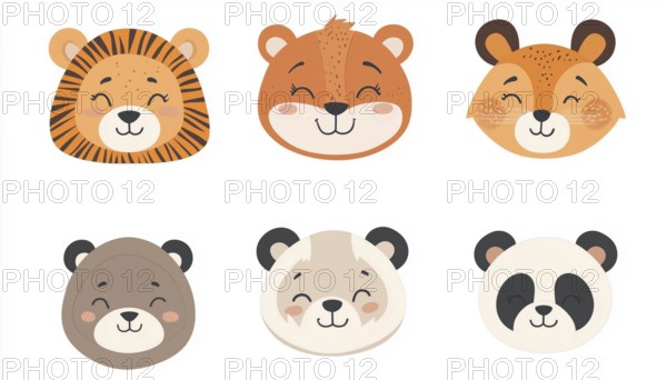 Adorable Animal Portraits: Hare, Tiger, Bear, Fox, Panda, Lion - Perfect For Dressing Up Baby Clothes! Simple And Charming Designs, AI generated