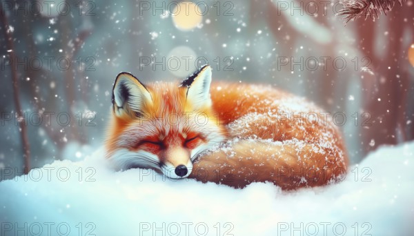 Festive Creatures: Arctic Foxes Celebrating Christmas In The Winter Wonderland. Delightful Holiday Foxes In The Snowy Season. Amazing Christmas Animals, AI generated
