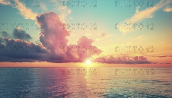 Stunning Cloud Formation Above Ocean Waters During Sunset In A Palette Of Golden, Pink, Blue, And Green Hues. Scenic Natural Landscape With Plenty Of Room For Text, AI generated