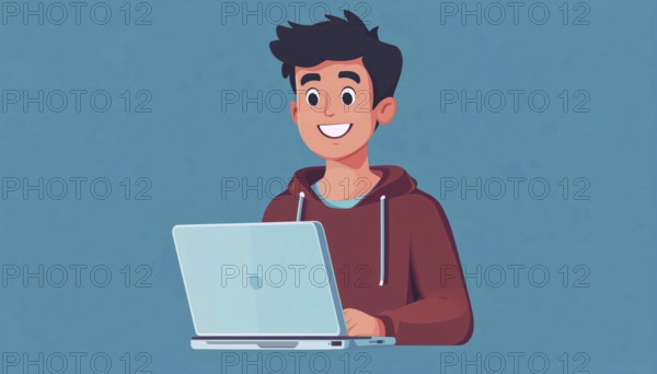 Happy Man Using Laptop With Cute Blue Graphic Elements For Web Design And Applications. Object Placement In Graphic Design, AI generated