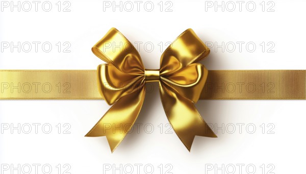 Golden Gift Bow On White: Realistic Shiny Bow For Cards, Presents, Christmas, And Birthdays In A Top-View Style, AI generated