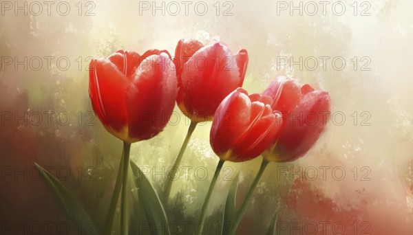 Vintage Painting Of Red Tulip Flowers With Soft And Blurry Details - Featuring A Beautiful Depiction Of Flowers With A Nostalgic Touch In A Vintage Style, AI generated