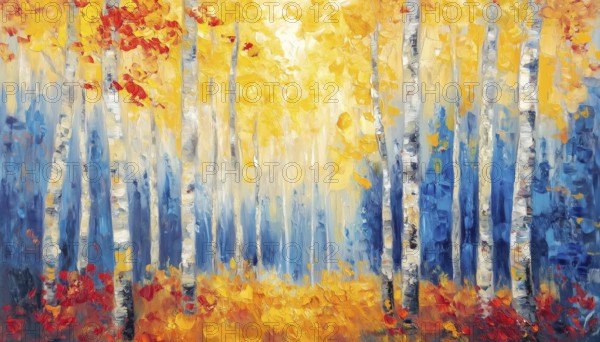 Semi-Abstract Oil Painting Of Full Autumn Trees: Vibrant Aspen Trees With Yellow And Red Leaves In Nature. Impressionist Outdoor Landscape, AI generated