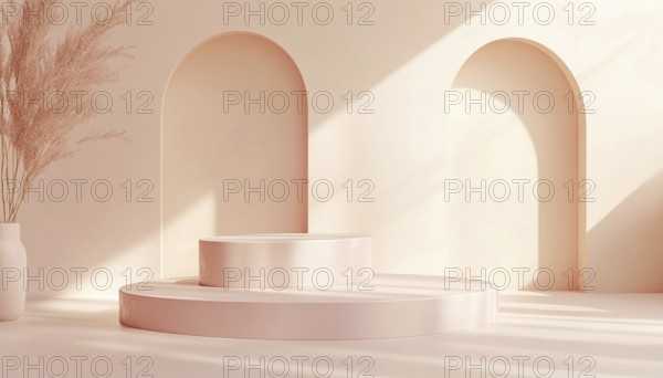 Chic Display Stand For Beauty Products Or Accessories In Soft Pink With Elegant Curved Structures For Product Placement, AI generated