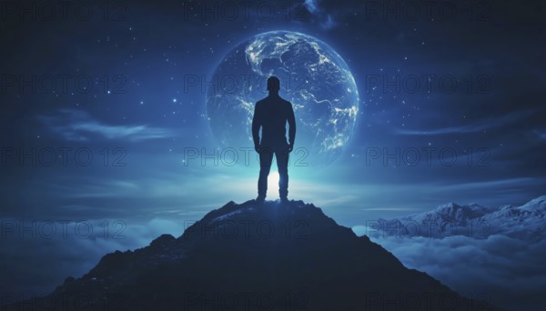 Achieving Success: Businessman'S Silhouette On Mountain Top, Leading In Competition. Standing With Illuminated Globe At Night. Leadership Displayed, AI generated