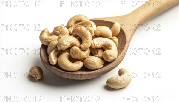 Delicious Roasted Cashew Nuts Displayed On A Wooden Spoon Against A White Background, Perfect For Snacking Or Cooking Recipes, AI generated