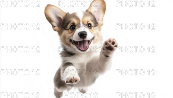 Jumping And Happy Corgi Puppy Portrait On White Background With Wide Angle View. Free Space For Text. Horizontal Wallpaper Or Web Design, AI generated