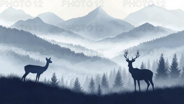 Magical Misty Landscape: Deer, Doe, And Fawn Silhouette Standing In Hill With Forest And Mountains, Blue And Gray Bookmark, AI generated