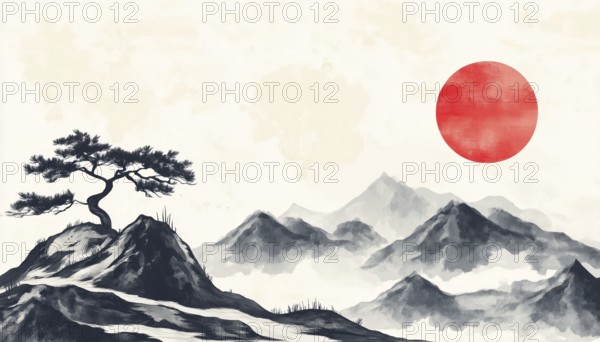 Oriental Landscape With Mountain, Tree, Red Sun, And Cloud In Japanese Art Style: Perfect For Wallpaper, Prints, Cover, And Decoration, AI generated