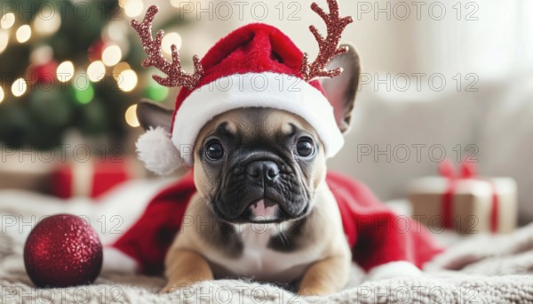 Adorable Christmas Puppies: Festive Dog Outfits Featuring Santa Hats And Reindeer Horns For The Holiday Season. A Must-Have!, AI generated