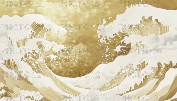 Modern Luxury Japanese Gold Wave Wallpaper: Featuring Gold And White Ocean Wave Pattern For Cover, Website, Decor, And Border Designs, AI generated