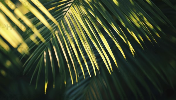 Exotic Abstract Natural Green Lush: Closeup Tropical Palm Leaf And Shadows Wallpaper For A Relaxing Nature-Inspired Sunshine Garden Park Plant Summer Foliage Panoramic Setting, AI generated