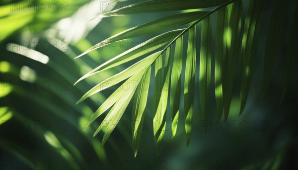 Tropical Palm Leaf And Shadows: Exotic Abstract Natural Green Lushness With Dark Tones, Ideal For Wallpaper And Relaxing Nature Inspiraation, AI generated