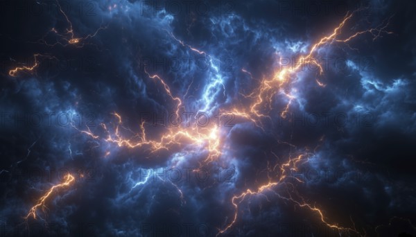 Abstract Fulmination: A Spectacle Of Lightning Discharge In The Dark. Blitz Thunderstorm Sparks And Shock With Power, Energy, And Charge, AI generated