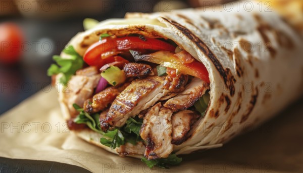 Delicious Chicken Doner With Savory And Flavorful Grilled Chicken, Fresh Vegetables, And Tangy Sauce Wrapped In Soft Pita Bread, AI generated