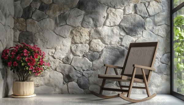 Elegant Home Decor: Grey Stone Wall With A Niche, Rocking Chair, And Flower Details For Stylish Interior Design, AI generated